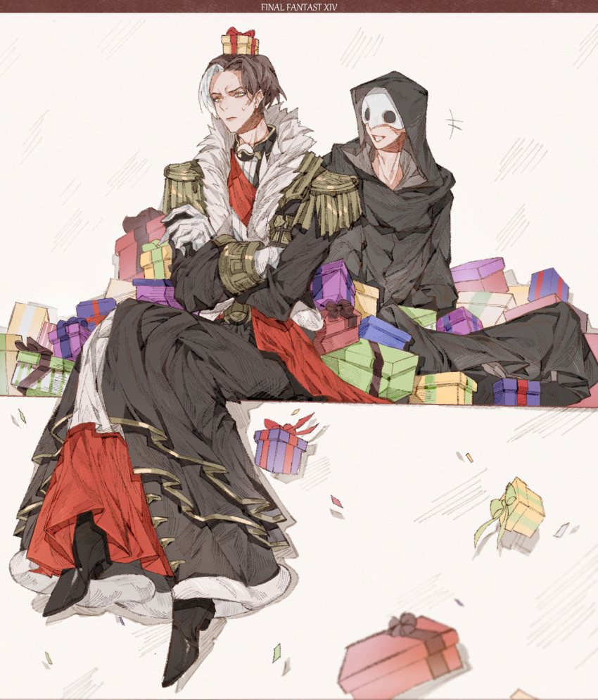 +++ 2boys annoyed black_hair box closed_mouth covered_face crossed_arms emet-selch epaulettes final_fantasy final_fantasy_xiv gift gift_box gloves highres hythlodaeus long_coat mask multiple_boys sitting smile sophist's_robe_(ff14) sweatdrop tladpwl03 white_gloves