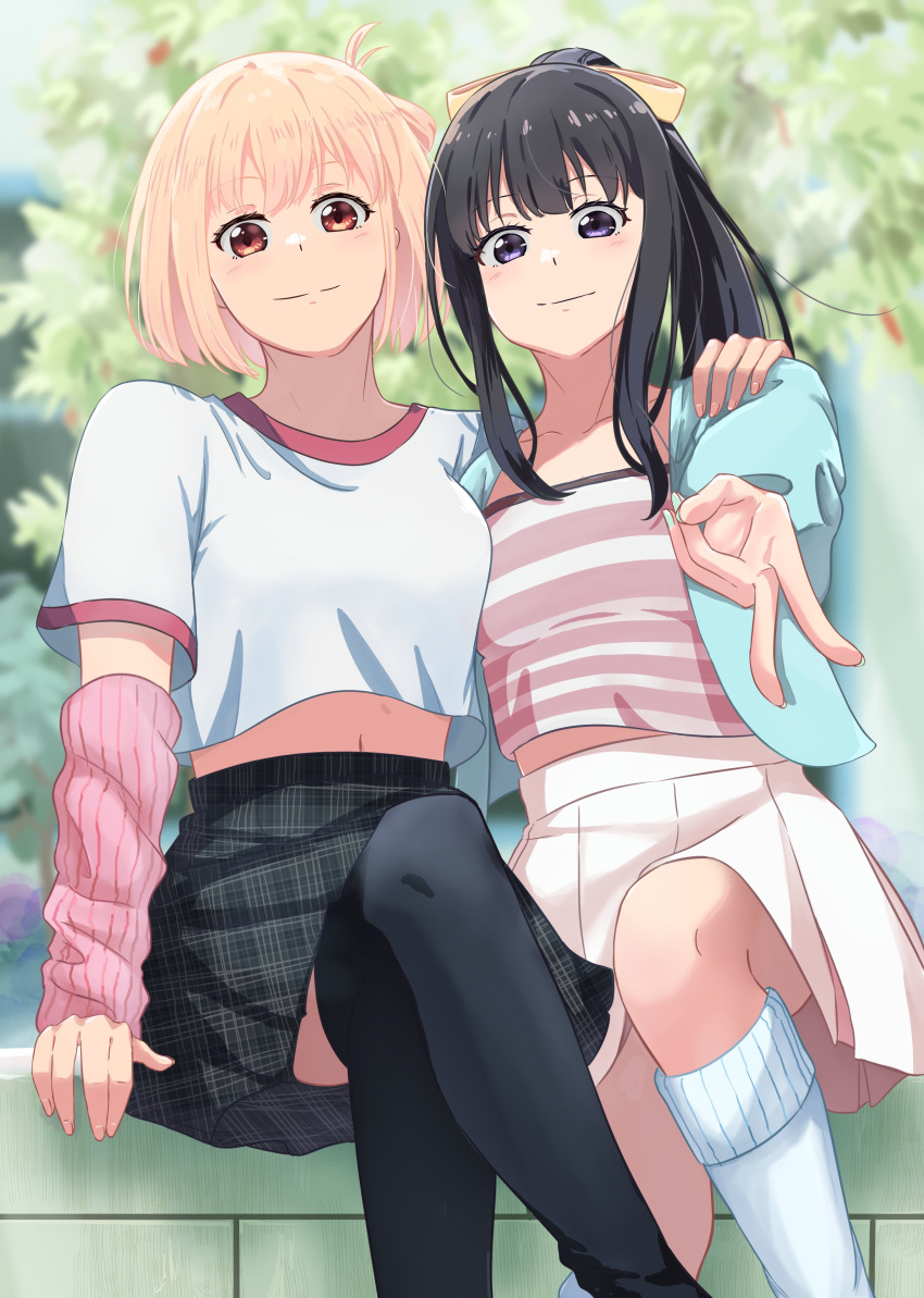 2girls absurdres arm_support black_hair black_skirt black_thighhighs blonde_hair blue_jacket blush bob_cut breasts chai_haru closed_mouth collarbone commentary crop_top crop_top_overhang cropped_shirt crossed_legs gyaru gyaru_v hand_on_another's_shoulder highres inoue_takina jacket kneehighs long_hair looking_at_viewer lycoris_recoil medium_breasts midriff midriff_peek multiple_girls nishikigi_chisato one_side_up open_clothes open_jacket pink_arm_warmers pink_shirt plaid plaid_skirt pleated_skirt ponytail red_eyes shirt short_hair short_sleeves sidelocks sitting skirt socks symbol-only_commentary thigh-highs unmoving_pattern v violet_eyes white_skirt white_socks