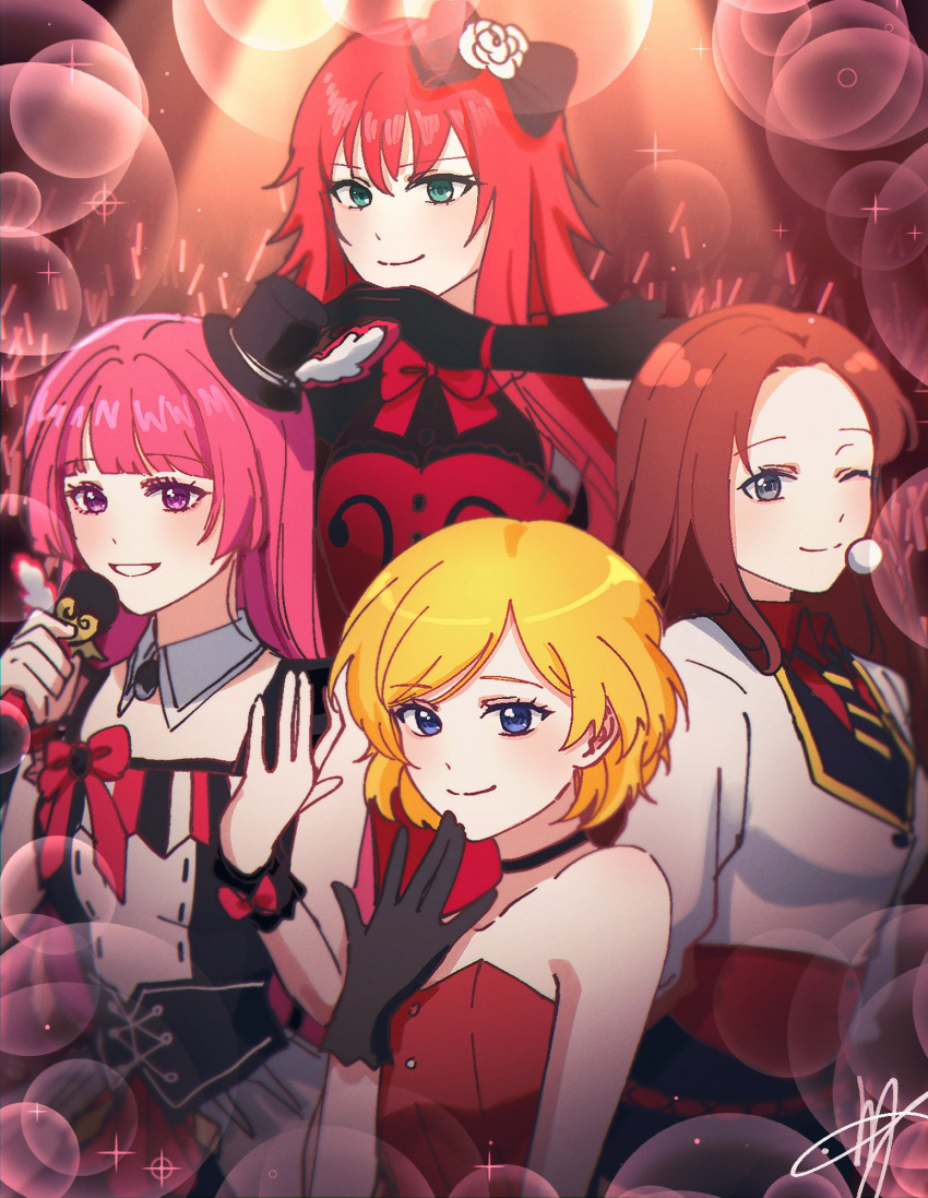 4girls audience bare_shoulders black_bow black_choker black_gloves blonde_hair blue_eyes blunt_bangs bow brown_hair choker closed_mouth commentary_request detached_collar gloves glowstick green_eyes hair_bow hand_up hands_up hat highres hojo_sophy holding holding_microphone hye_in_(pretty_rhythm) idol in-franchise_crossover jacket korean_commentary long_hair looking_at_viewer meng_(prism_shining) microphone mini_hat multiple_girls one_eye_closed open_mouth penlight_(glowstick) pretty_rhythm pretty_rhythm_aurora_dream pretty_rhythm_dear_my_future pretty_rhythm_rainbow_live pretty_series pripara redhead renjouji_beru short_hair signature smile takamine_mion trait_connection upper_body violet_eyes white_jacket