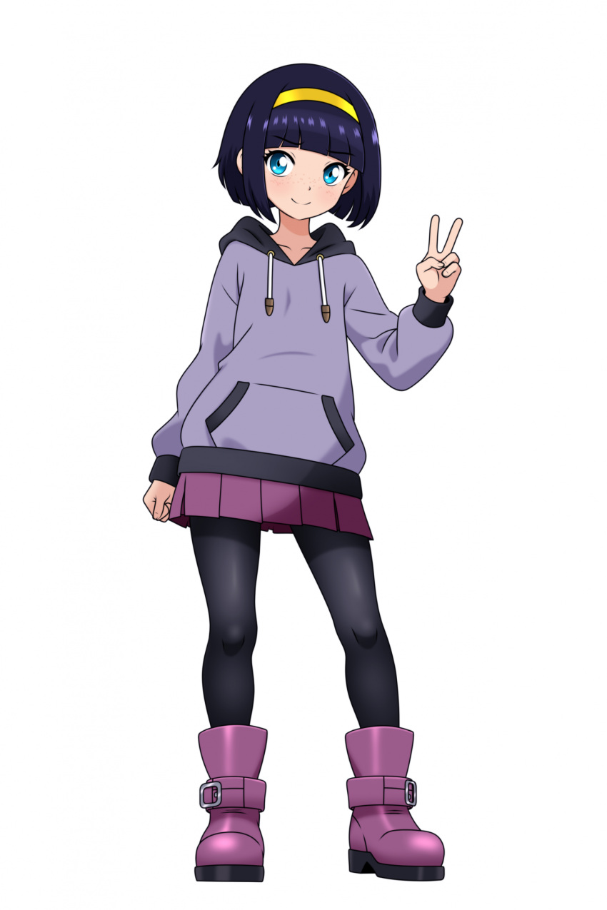 1girl arm_at_side black_hair black_leggings blue_eyes blunt_bangs blunt_ends bob_cut boots breasts closed_mouth collarbone commentary commission drawstring english_commentary full_body hairband hand_up highres hood hood_down hoodie kasia_mikolajczyk leggings looking_at_viewer monosex original pleated_skirt purple_footwear purple_hoodie purple_skirt short_hair simple_background skirt small_breasts smile solo standing v white_background winter_clothes yellow_hairband