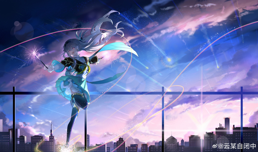 1girl absurdres aqua_skirt black_hairband black_jacket cityscape collared_shirt cropped_jacket firefly_(honkai:_star_rail) floating_hair grey_hair hairband highres holding_fireworks honkai:_star_rail honkai_(series) jacket long_hair long_sleeves neckerchief night night_sky open_mouth outstretched_arms shirt shooting_star skirt sky smile solo thigh-highs two-tone_eyes yellow_neckerchief yunmouzibizhong