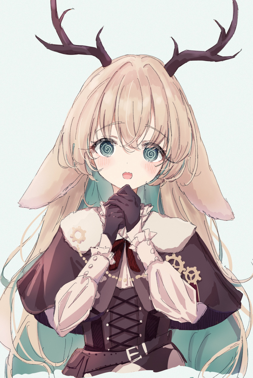 1girl @_@ absurdres animal_ears antlers belt black_gloves blonde_hair blue_background blue_eyes blue_hair blush brown_belt brown_capelet brown_corset capelet colored_inner_hair commentary_request corset deer_ears gloves highres horns long_hair long_sleeves looking_at_viewer medium_bangs multicolored_hair nanashi_inc. open_mouth own_hands_together shirt shishishi simple_background solo tsukinoki_tirol upper_body virtual_youtuber white_shirt