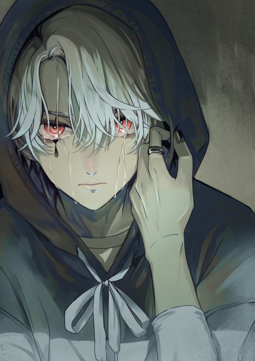 1boy 30amamiya_r black_nails closed_mouth commentary_request crying crying_with_eyes_open curtained_hair eyelashes grey_background hair_between_eyes highres hood hood_up hoodie jewelry looking_at_viewer male_focus original red_eyes ring ringed_eyes short_hair simple_background solo tears upper_body white_hair