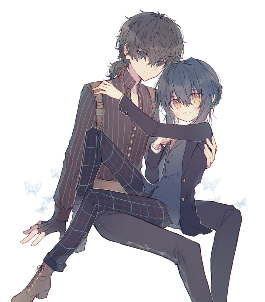1boy 1other ahoge androgynous ankle_boots belt belt_buckle black_gloves black_hair black_jacket black_pants black_shirt boots braid braided_bun brown_belt brown_footwear buckle buttons collared_jacket collared_vest fate/grand_order fate/samurai_remnant fate_(series) fingerless_gloves gloves grey_eyes grey_vest hachimitsu_(melody) hair_bun hair_intakes hand_on_another's_back hand_on_another's_shoulder highres jacket long_sleeves looking_at_viewer low_ponytail miyamoto_iori_(fate) necktie official_alternate_costume official_alternate_hairstyle pants partially_unbuttoned pinstripe_pattern pinstripe_shirt plaid plaid_pants red_necktie shirt short_ponytail sidelocks simple_background sitting sitting_on_lap sitting_on_person smile striped_clothes striped_shirt suit_jacket tie_clip vertical-striped_clothes vertical-striped_shirt vest white_background white_shirt yamato_takeru_(fate) yamato_takeru_(second_ascension)_(fate) yellow_eyes