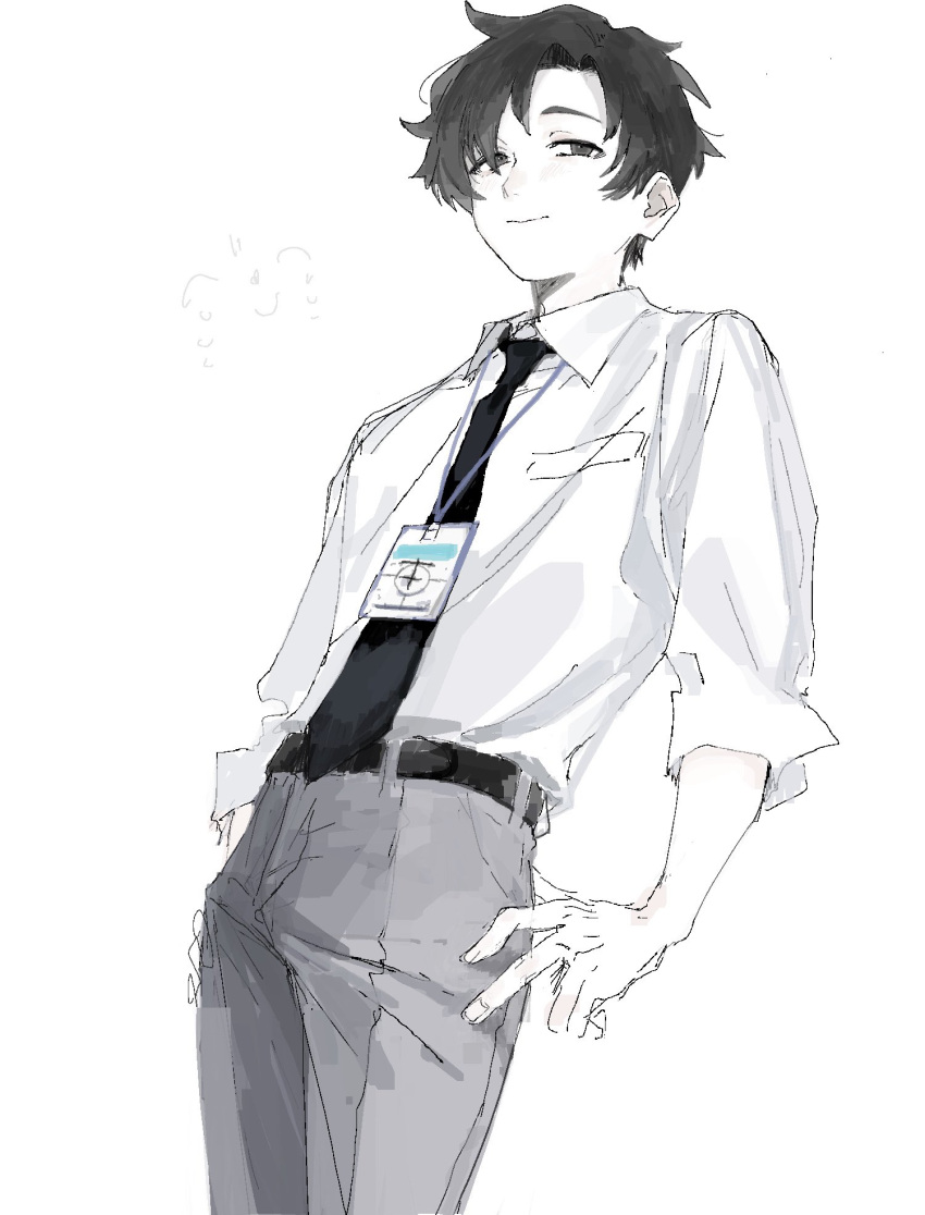 1boy ^_^ belt black_eyes black_hair black_necktie blue_archive blue_archive_the_animation closed_eyes closed_mouth collared_shirt doodle_sensei_(blue_archive) grey_pants hair_over_one_eye highres id_card kawatiw male_focus necktie pale_skin pants sensei_(blue_archive) sensei_(blue_archive_the_animation) shirt shirt_tucked_in simple_background solo white_background