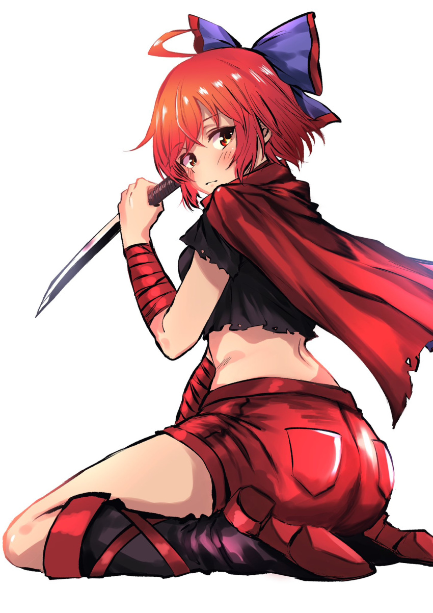 1girl arm_ribbon black_footwear bow cape full_body hair_bow highres holding holding_weapon kneeling looking_at_viewer looking_back puffy_short_sleeves puffy_sleeves purple_bow red_cape red_eyes red_ribbon red_shorts redhead ribbon sekibanki sen_(daydream_53) short_hair short_sleeves shorts simple_background solo touhou weapon white_background
