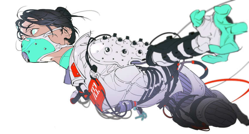 1girl animification apex_legends black_hair blue_eyes breasts cable floating_hair hair_behind_ear hair_bun highres leaning_back mask medium_breasts mouth_mask official_alternate_costume quarantine_722_wraith single_hair_bun solo white_background wraith_(apex_legends) yoneyama_mai