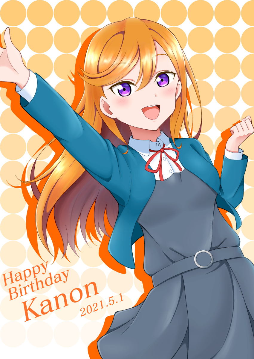 1girl absurdres arm_up blue_jacket blush character_name clenched_hand collared_shirt commentary_request cropped_jacket dated dress dutch_angle grey_dress happy_birthday haruharo_(haruharo_7315) highres jacket long_hair long_sleeves looking_at_viewer love_live! love_live!_superstar!! neck_ribbon open_clothes open_jacket open_mouth orange_hair orange_outline pinafore_dress polka_dot polka_dot_background red_ribbon ribbon school_uniform shibuya_kanon shirt sleeveless sleeveless_dress solo standing upper_body violet_eyes white_shirt winter_uniform yuigaoka_school_uniform