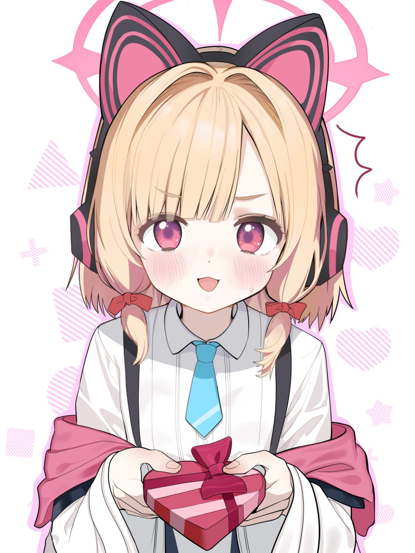 1girl ^^^ animal_ear_headphones animal_ears blonde_hair blue_archive blue_necktie blush bow box cat_ear_headphones chestnut_mouth collared_shirt drop_shadow fake_animal_ears giving hair_bow headphones heart-shaped_box highres jacket long_sleeves looking_at_viewer low-tied_sidelocks momoi_(blue_archive) necktie off_shoulder open_mouth p-gnesium pink_eyes pink_jacket red_bow second-party_source shirt short_hair smile solo suspenders two-sided_fabric two-sided_jacket upper_body white_jacket white_shirt