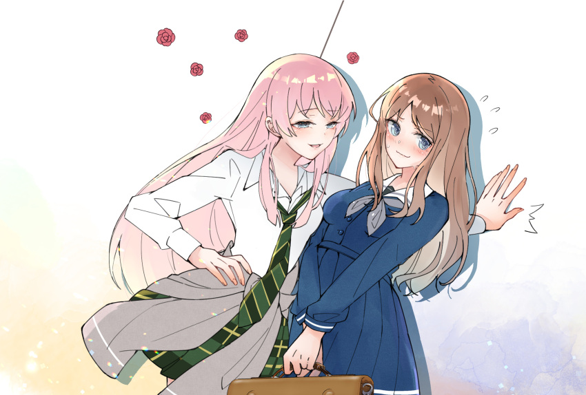 2girls bag bang_dream! bang_dream!_it's_mygo!!!!! blue_eyes blue_shirt blue_skirt blush brown_hair chihaya_anon chinese_commentary closed_mouth clothes_around_waist collared_shirt commentary_request commission cowboy_shot flower flying_sweatdrops green_necktie green_skirt grey_eyes grey_jacket grey_neckerchief haneoka_school_uniform highres holding holding_bag jacket jacket_around_waist kabedon long_hair long_sleeves multiple_girls nagasaki_soyo neckerchief necktie parted_lips pink_hair plaid plaid_skirt pleated_skirt red_flower sailor_collar school_bag school_uniform second-party_source shirt skirt smile suyao_(3mol) sweat white_sailor_collar white_shirt yuri