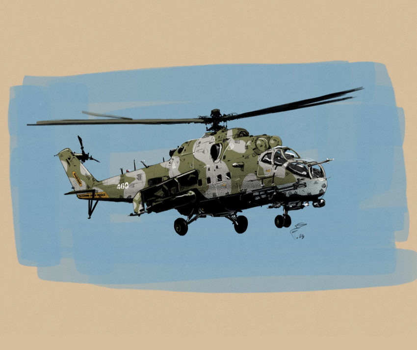 aircraft fisher_art helicopter highres mi-24 military military_vehicle original outdoors signature sky weapon