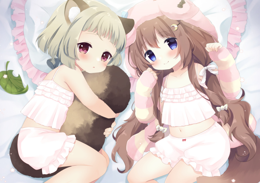 animal_ear_fluff animal_ears azur_lane bed between_legs bloomers blue_eyes blush bow brown_hair camisole cardigan commission commissioner_upload crescent crescent_hat_ornament crossover dog_ears dog_girl dog_tail fumizuki_(azur_lane) fumizuki_(sleepy_fairy)_(azur_lane) genshin_impact hair_bow hair_ornament hairclip hat hat_ornament hugging_own_tail hugging_tail leaf long_hair looking_at_viewer lying midriff navel non-web_source on_back on_side pillow raccoon_ears raccoon_girl raccoon_tail red_eyes ribbon sayu_(genshin_impact) sen1986 short_hair skeb_commission sleepwear smile striped_cardigan tail tail_between_legs trait_connection white_bloomers white_camisole