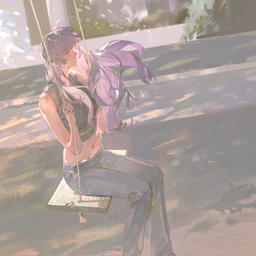 1girl bare_shoulders crop_top dutch_angle from_side gba_dod grass hair_lift highres holding holding_rope long_hair midriff navel original outdoors pants purple_hair rope shirt sitting sleeveless sleeveless_shirt solo swing swinging violet_eyes