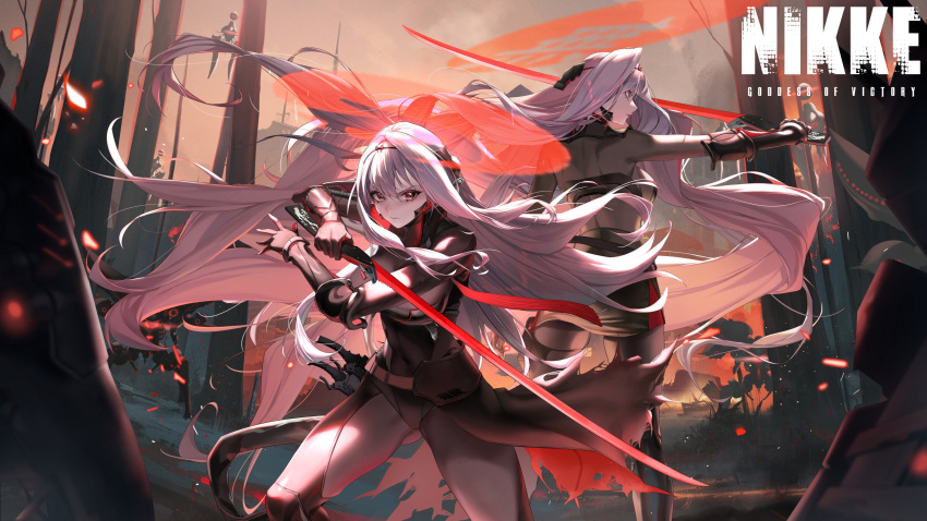 2girls absurdres armored_bodysuit black_bodysuit bodysuit breasts copyright_name fighting_stance goddess_of_victory:_nikke grey_bodysuit grey_hair halo headgear highres holding holding_sword holding_weapon large_breasts long_hair multiple_girls official_alternate_costume official_art pinkmill red_eyes rose_(nikke) scarlet_(black_shadow)_(nikke) scarlet_(nikke) see-through sword very_long_hair weapon