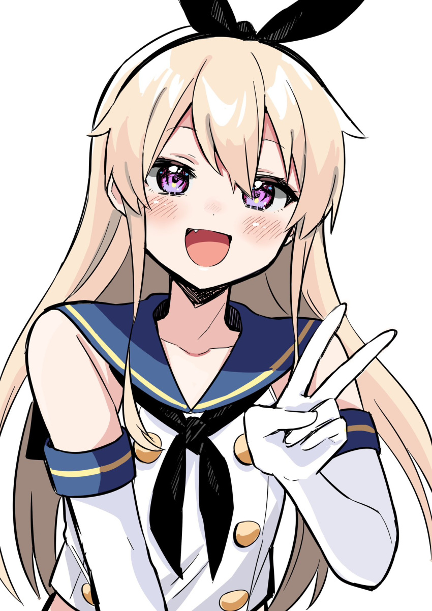 1boy bare_shoulders black_neckerchief blonde_hair blue_sailor_collar blush commentary_request cosplay crossdressing elbow_gloves fang gloves hair_between_eyes highres kantai_collection koni_suke long_hair looking_at_viewer male_focus neckerchief open_mouth original otoko_no_ko pink_eyes sailor_collar shimakaze-kun shimakaze_(kancolle) shimakaze_(kancolle)_(cosplay) simple_background sleeveless solo upper_body v white_background white_gloves
