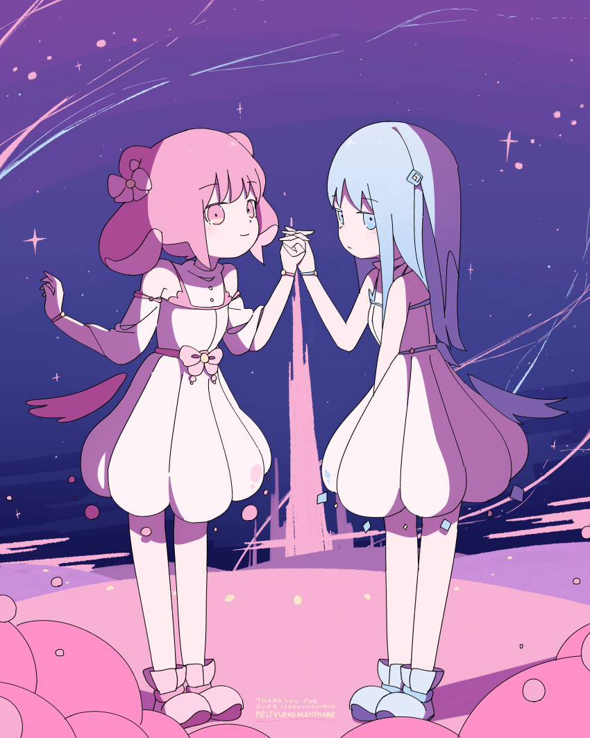 2girls absurdres blue_eyes blue_footwear blue_hair bow clip_studio_paint_(medium) clouds dress hair_ornament happy harumaki_gohan highres holding_hands looking_at_viewer melty_land_nightmare_(vocaloid) multiple_girls original pink_bow pink_eyes pink_footwear pink_hair sky vocaloid white_dress