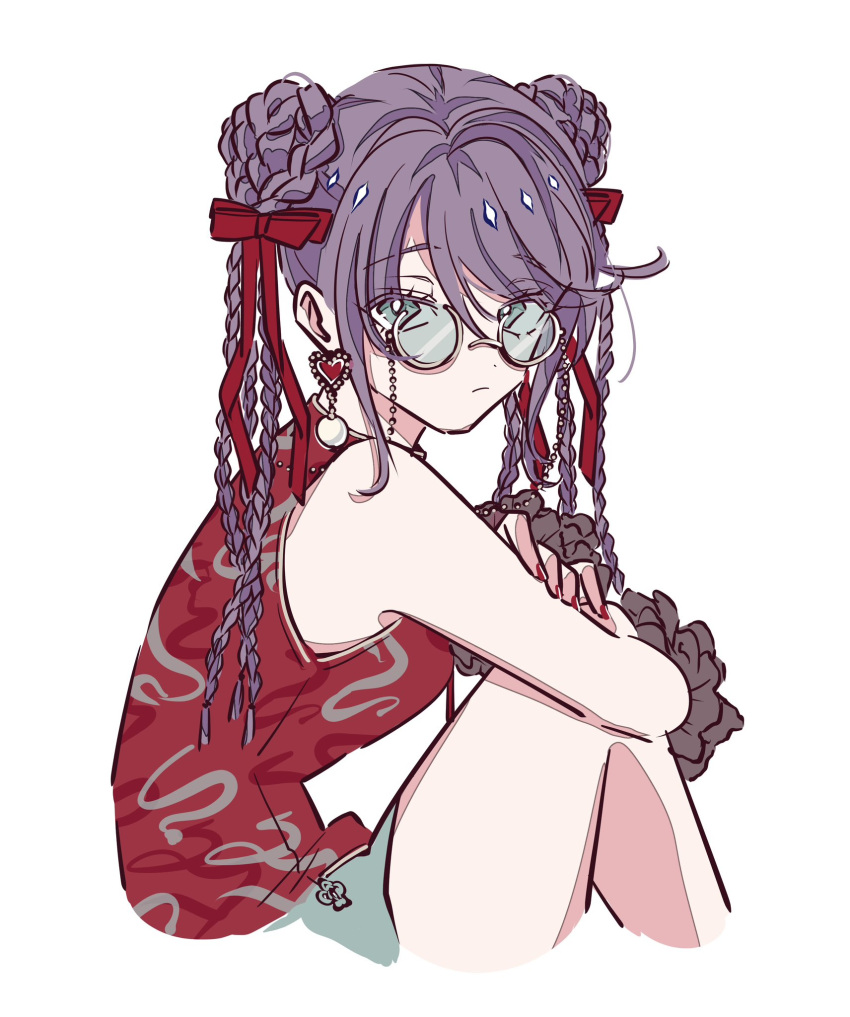 1girl blue-tinted_eyewear bow braid china_dress chinese_clothes closed_mouth double_bun dress earrings frilled_cuffs glasses green_eyes gyosite hair_bow hair_bun heart heart_earrings highres hoshimi_junna jewelry long_hair multiple_hair_bows nail_polish print_dress purple_hair red_bow red_dress red_nails shoujo_kageki_revue_starlight simple_background single_earring sleeveless sleeveless_dress solo tinted_eyewear white_background wrist_cuffs yellow-framed_eyewear