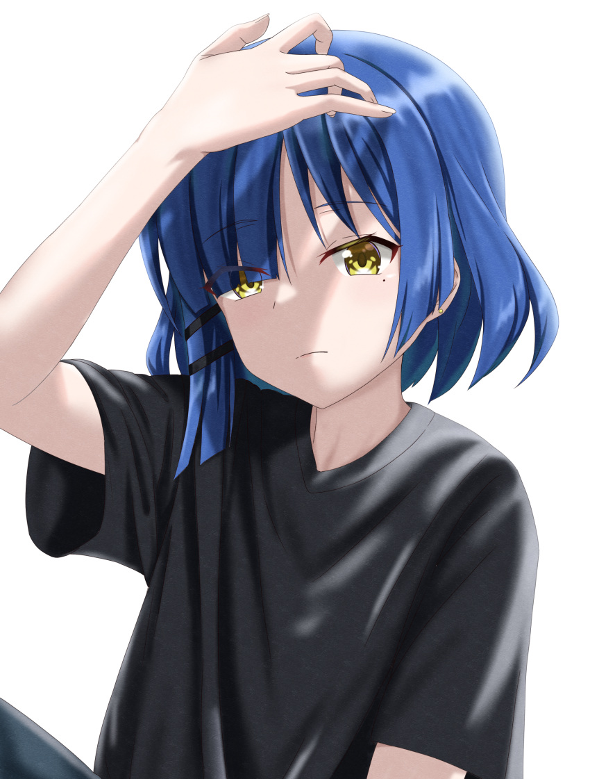 1girl absurdres arm_up black_shirt blue_hair bocchi_the_rock! closed_mouth earrings highres jewelry knee_up looking_at_viewer midori_mushi mole mole_under_eye shirt simple_background sitting solo t-shirt white_background yamada_ryo yellow_eyes