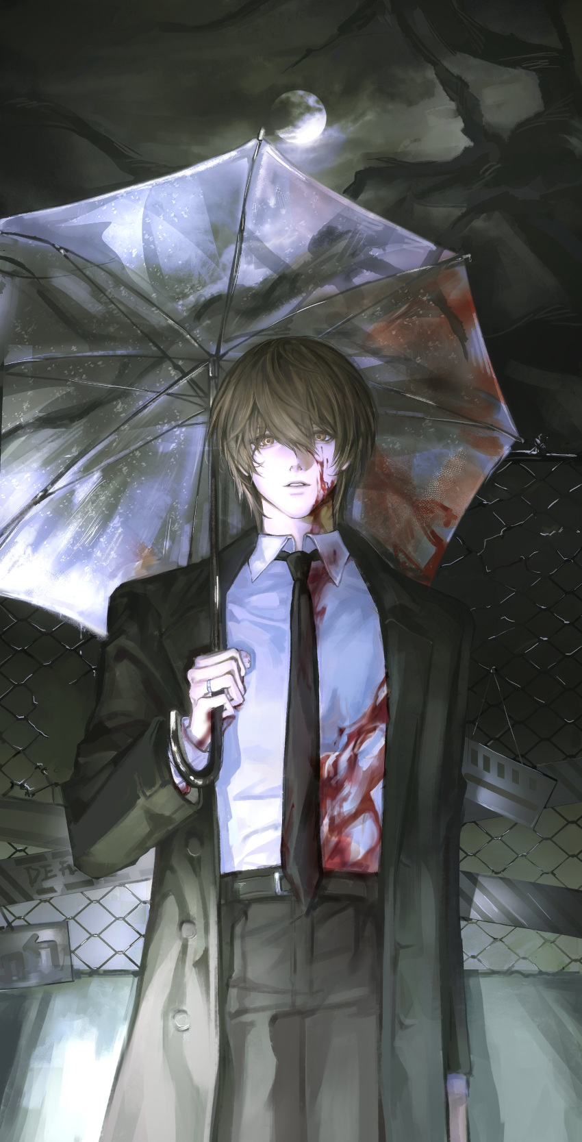 1boy 8knff absurdres belt black_coat black_necktie black_pants blood blood_on_face brown_hair chain-link_fence clouds coat death_note expressionless fence full_moon hair_between_eyes highres looking_at_viewer male_focus moon necktie outdoors pants parted_lips shirt sky solo teeth umbrella white_shirt yagami_light