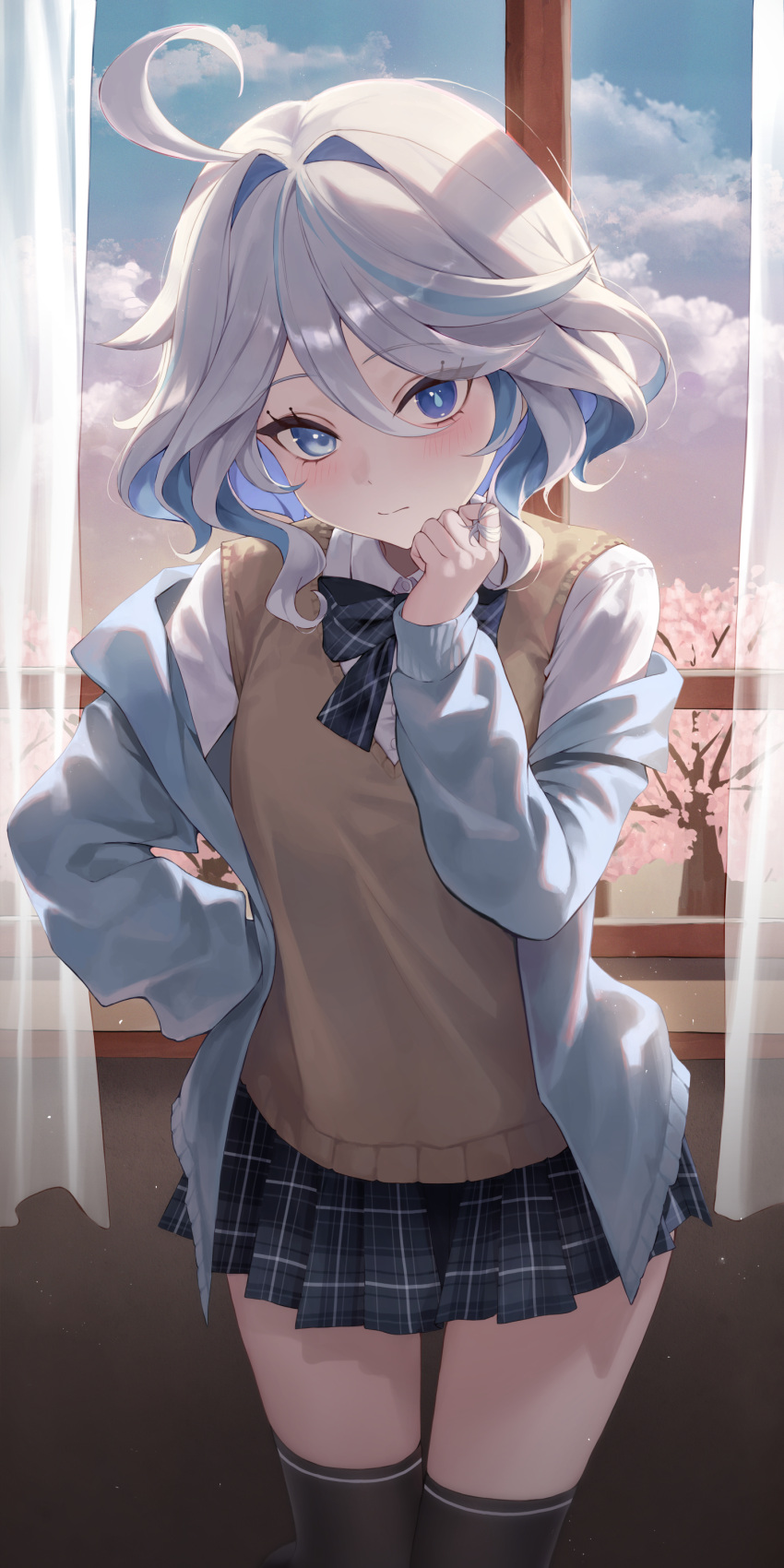 1girl absurdres ahoge alternate_costume black_skirt black_thighhighs blue_eyes blue_hair bow bowtie closed_mouth drop-shaped_pupils furina_(genshin_impact) genshin_impact hair_between_eyes hand_on_own_hip hand_up highres jacket long_sleeves looking_at_viewer mismatched_pupils multicolored_hair off_shoulder open_clothes open_jacket school_uniform shirt short_hair skirt solo standing streaked_hair symbol-shaped_pupils thigh-highs two-tone_hair white_hair white_shirt yeorem zettai_ryouiki