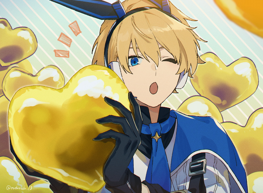1boy animal_ear_headphones animal_ears balloon black_gloves blonde_hair blue_eyes commentary_request fake_animal_ears gloves hair_between_eyes happy_synthesizer_(vocaloid) headphones heart_balloon holding holding_balloon holostars kishido_temma looking_at_viewer male_focus one_eye_closed open_mouth rabbit_ears rozu_ki short_hair solo upper_body virtual_youtuber