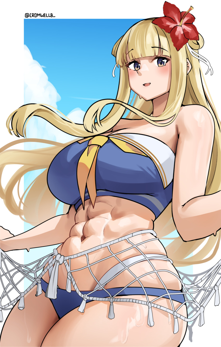 abs alternate_breast_size blonde_hair breasts commission cromwellb fletcher_(kancolle) highres kantai_collection large_breasts long_hair muscular muscular_female pixiv_commission solo swimsuit