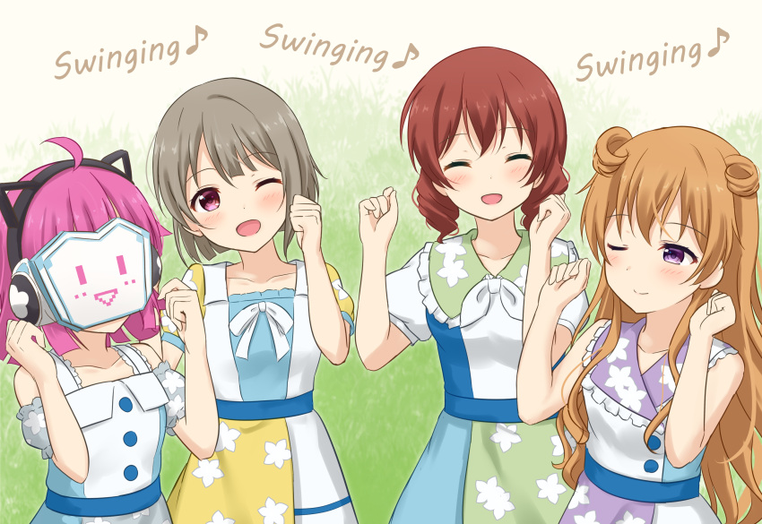 4girls ;d animal_ear_headphones animal_ears blunt_bangs blunt_ends bob_cut brown_hair closed_eyes collarbone collared_dress covered_face dress emma_verde fake_animal_ears floral_print_dress grass grey_hair hands_up headphones highres konoe_kanata long_hair love_live! love_live!_nijigasaki_high_school_idol_club mask medium_hair multicolored_clothes multicolored_dress multiple_girls nakasu_kasumi off-shoulder_dress off_shoulder one_eye_closed open_mouth pink_hair puffy_short_sleeves puffy_sleeves qu4rtz_(love_live!) red_eyes rina-chan_board short_hair short_sleeves sleeveless sleeveless_dress smile swinging!_(love_live!) tennoji_rina violet_eyes wavy_hair white_dress yutuki_ame