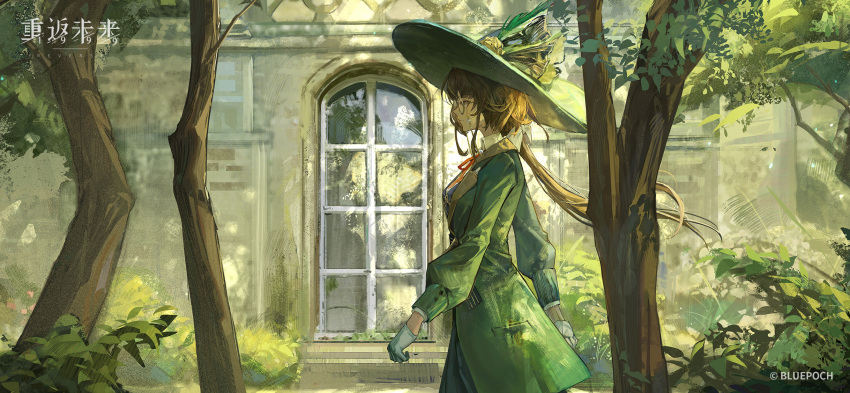 1girl arched_window bow brick_wall brown_hair bush collared_shirt copyright_name copyright_notice day eyewear_strap feathers flower from_side glasses gloves green_eyes green_feathers green_hat green_jacket hair_bow hat hat_feather hat_flower highres jacket kakania_(reverse:1999) logo long_hair long_sleeves looking_ahead low_ponytail neck_ribbon official_art official_wallpaper outdoors profile puffy_long_sleeves puffy_sleeves red_ribbon reverse:1999 ribbon round_eyewear shirt solo sun_hat sunlight tree upper_body walking white_gloves white_shirt window yellow_bow yellow_flower