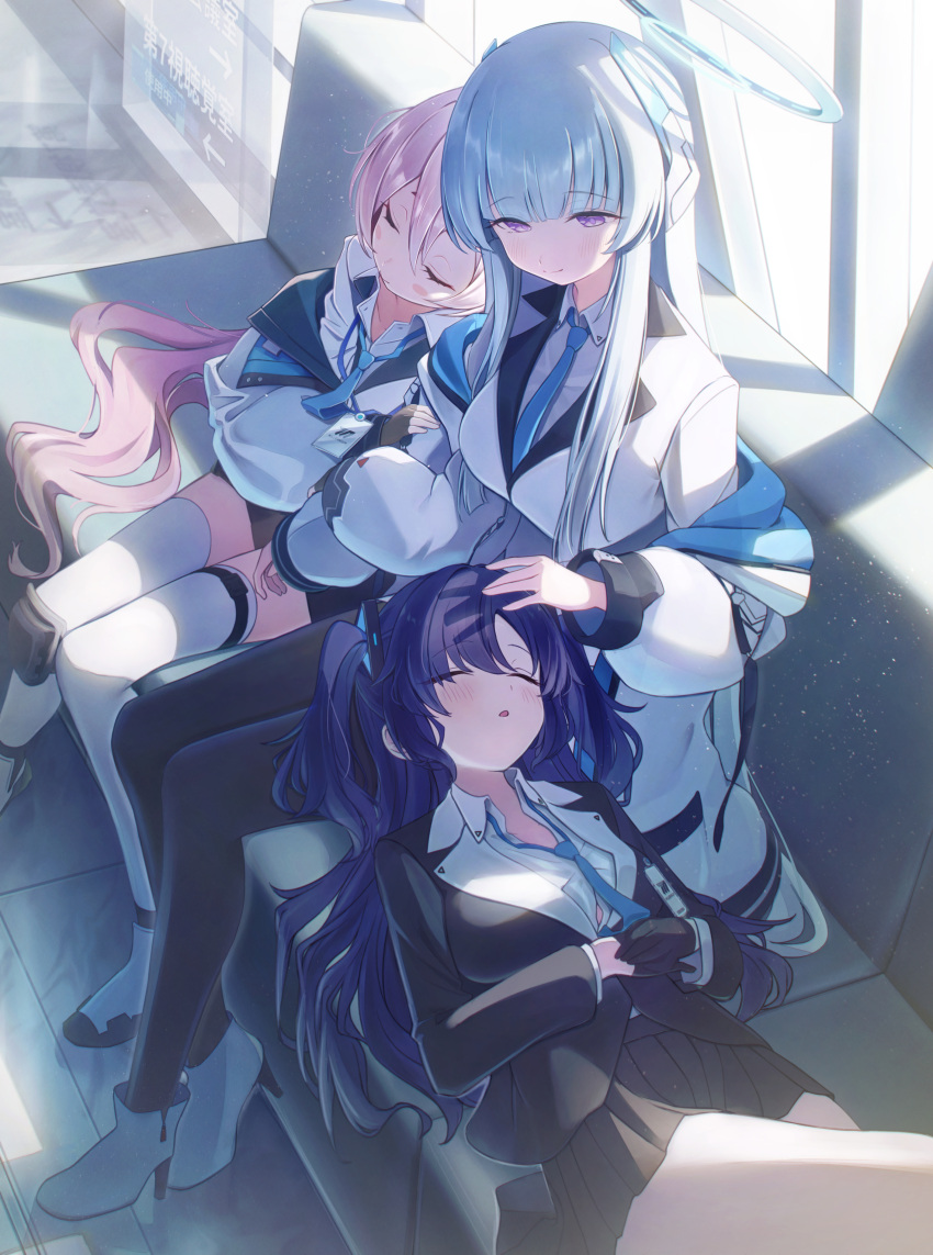 3girls absurdres black_gloves black_skirt blue_archive blue_necktie blush breasts closed_eyes closed_mouth collared_shirt flat_chest gloves grey_hair halo higashigure highres jacket koyuki_(blue_archive) large_breasts long_hair long_sleeves mechanical_halo multicolored_clothes multicolored_jacket multiple_girls necktie noa_(blue_archive) open_mouth pink_hair pleated_skirt purple_hair shirt skirt sleeping smile suit twintails two-tone_jacket two_side_up violet_eyes white_jacket white_shirt yuuka_(blue_archive)