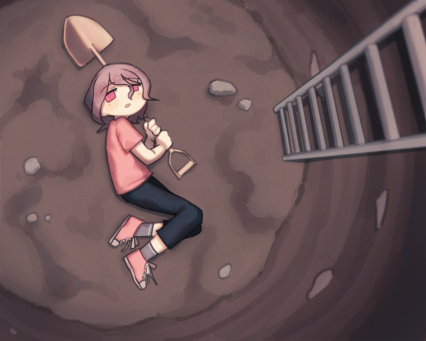 1girl androgynous black_pants blush brown_hair from_above from_side futami_ya grey_socks hair_between_eyes half-closed_eyes highres holding holding_shovel hole ladder looking_at_viewer looking_to_the_side lying on_ground on_side open_mouth original pants pink_footwear pink_shirt pink_t-shirt red_eyes rock shirt shoes short_hair short_sleeves shovel sneakers socks solo t-shirt wide_shot