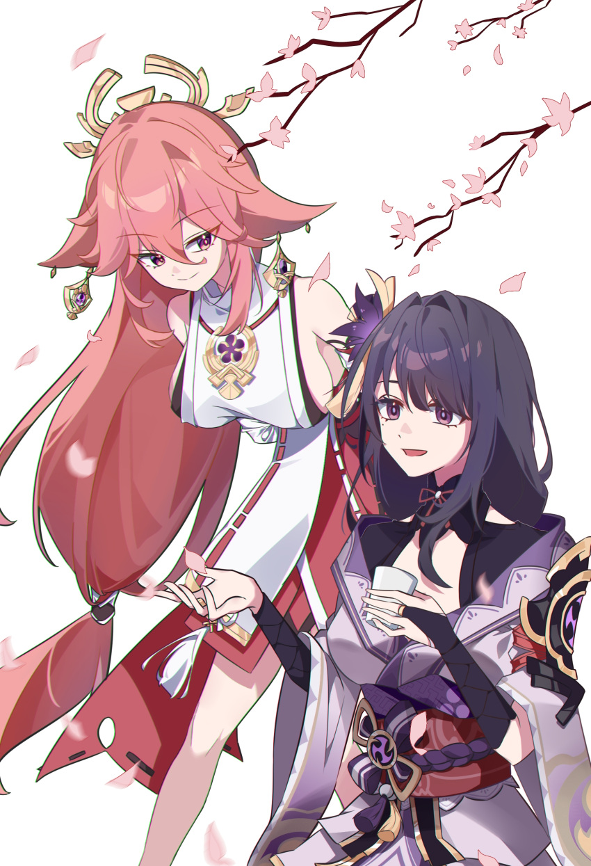 2girls absurdres animal_ears arms_behind_back bare_shoulders blunt_bangs breasts cherry_blossoms closed_mouth cup earrings falling_petals genshin_impact hair_between_eyes hair_ornament hand_up headpiece highres holding holding_cup japanese_clothes jewelry leaning_forward light_smile long_hair looking_to_the_side looking_up mitsudomoe_(shape) mole mole_under_eye multiple_girls open_mouth pendant petals purple_hair raiden_shogun sideboob simple_background sitting standing teacup tomoe_(symbol) violet_eyes white_background xingbaiwww1567 yae_miko yuri