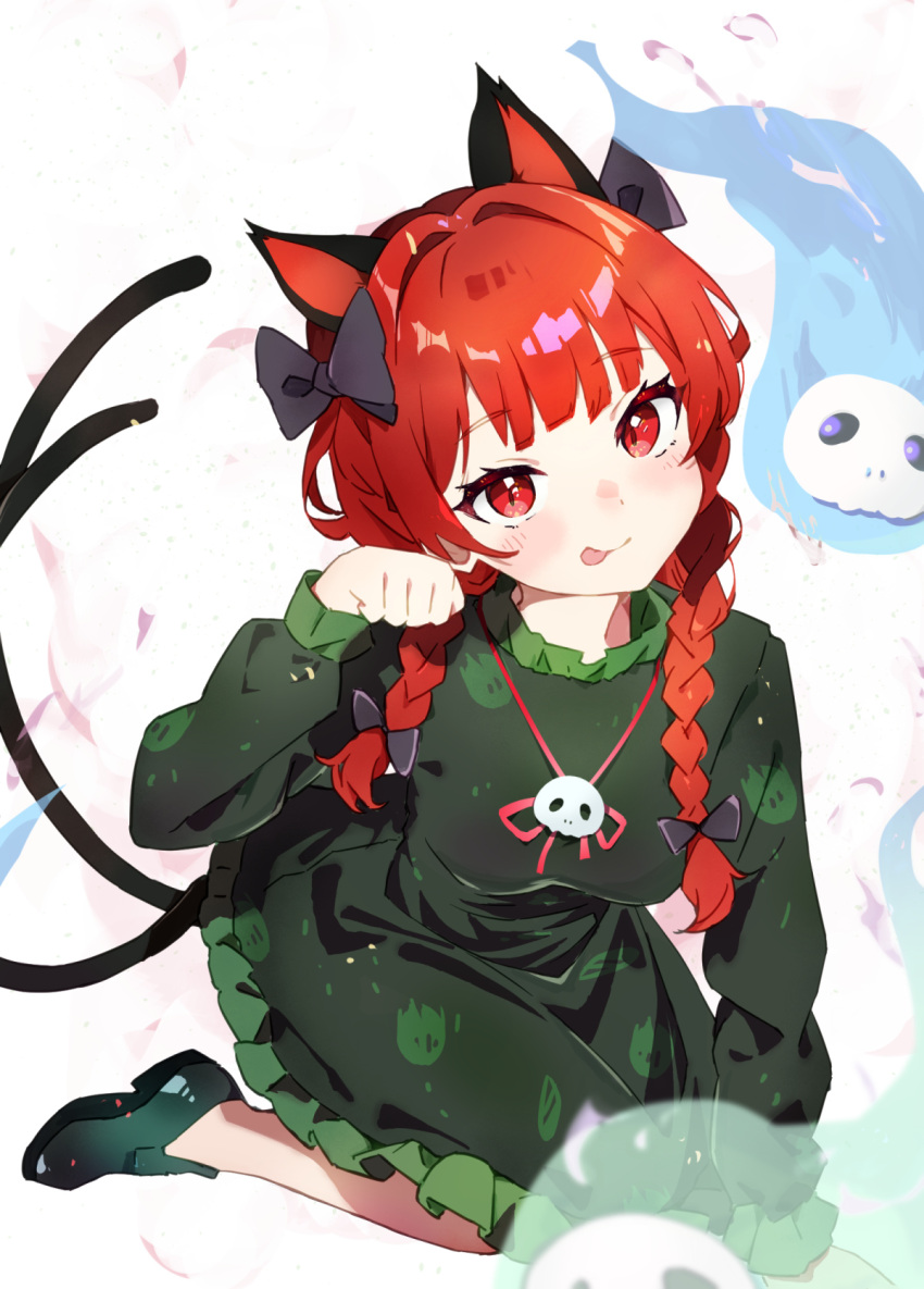 1girl animal_ears black_bow black_tail blunt_bangs bow braid breasts cat_ears cat_tail chikuzen1996 commentary_request dress frilled_dress frills green_dress hair_bow highres jewelry kaenbyou_rin kneeling long_hair long_sleeves medium_breasts necklace red_eyes redhead simple_background skull_necklace tail tongue tongue_out touhou twin_braids white_background