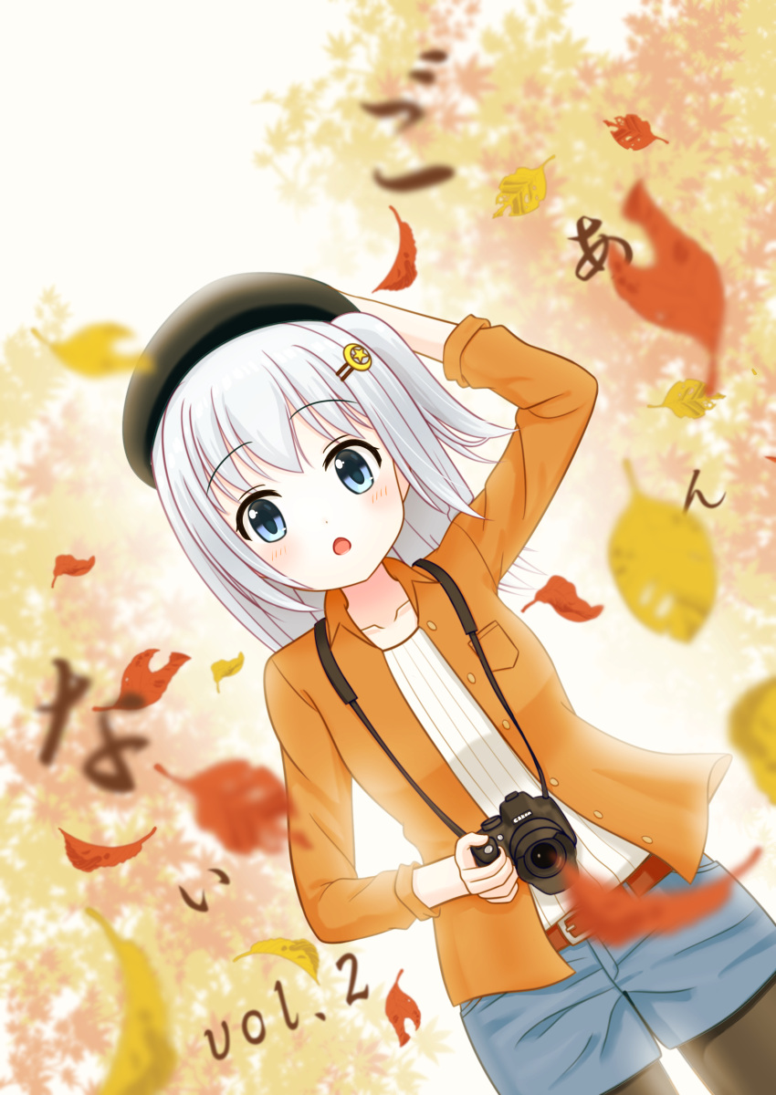 1girl absurdres autumn_leaves belt beret black_hat black_pantyhose blue_eyes blue_shorts blush brown_belt camera collarbone collared_shirt commentary_request denim denim_shorts dress_shirt dutch_angle falling_leaves grey_hair hand_on_own_head hat highres holding holding_camera leaf medium_hair one_side_up open_clothes open_mouth open_shirt orange_shirt original pantyhose shirt shorts solo white_shirt yutuki_ame