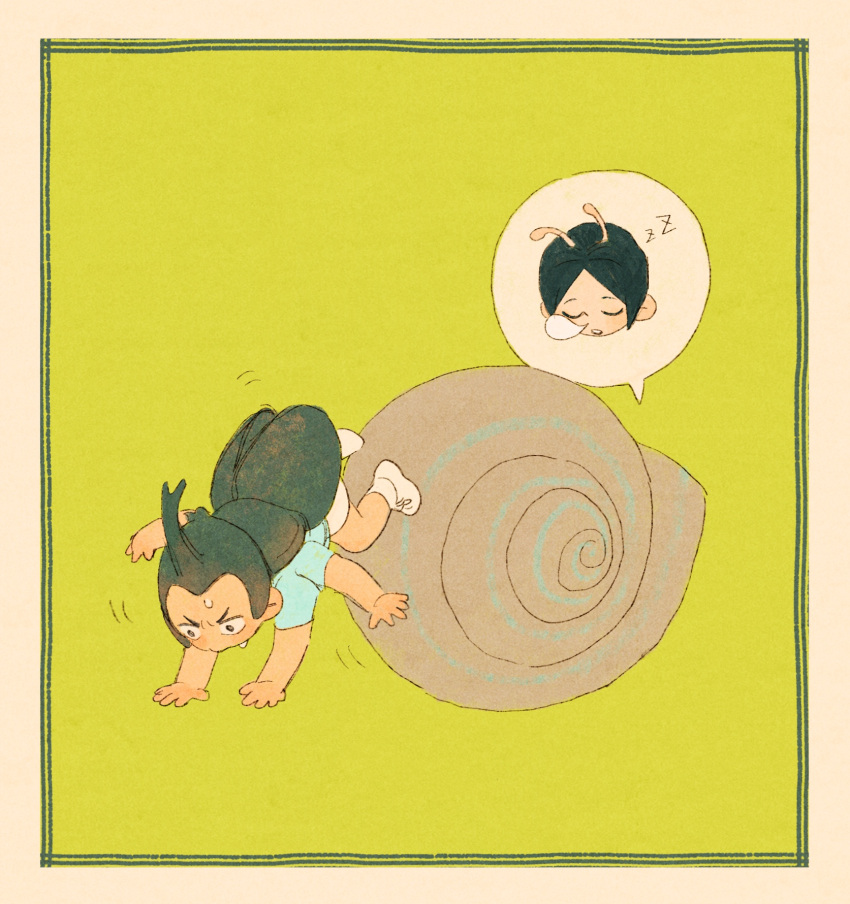2boys antennae beetle_boy black_eyes black_hair blue_shirt carapace character_request chengongzi123 closed_eyes commentary deformed extra_arms green_background haikyuu!! handstand highres male_focus monsterification multiple_boys nose_bubble open_mouth shell shirt shoes short_hair shorts simple_background sleeping snail_boy snail_shell symbol-only_commentary very_short_hair white_footwear white_shorts zzz