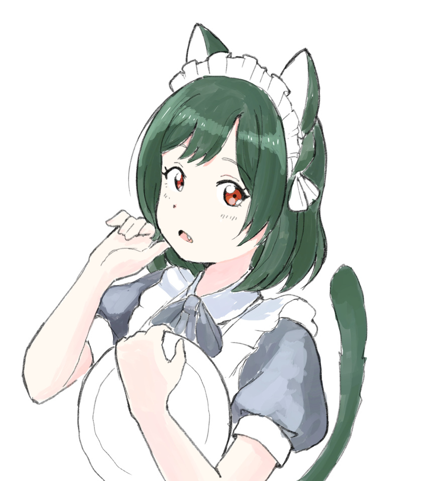 1girl absurdres alternate_costume animal_ears apron black_dress cat_ears cat_tail curetortellini dress enmaided fang frilled_apron frills green_hair highres holding holding_plate looking_at_viewer love_live! love_live!_nijigasaki_high_school_idol_club maid maid_apron maid_headdress mifune_shioriko open_mouth plate puffy_short_sleeves puffy_sleeves red_eyes short_hair short_sleeves swept_bangs tail upper_body white_apron