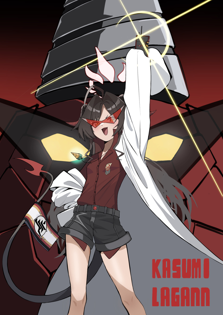 1girl absurdres ahoge arm_up black_hair black_horns black_shorts black_tail blue_archive blush coat collared_shirt demon_horns demon_tail hair_intakes halo highres horns kasumi_(blue_archive) lab_coat long_hair open_clothes open_coat open_mouth parody red_halo red_shirt shirt shirt_tucked_in shorts smile solo tail tengen_toppa_gurren_lagann tifuibe walkie-talkie white_coat yellow_eyes