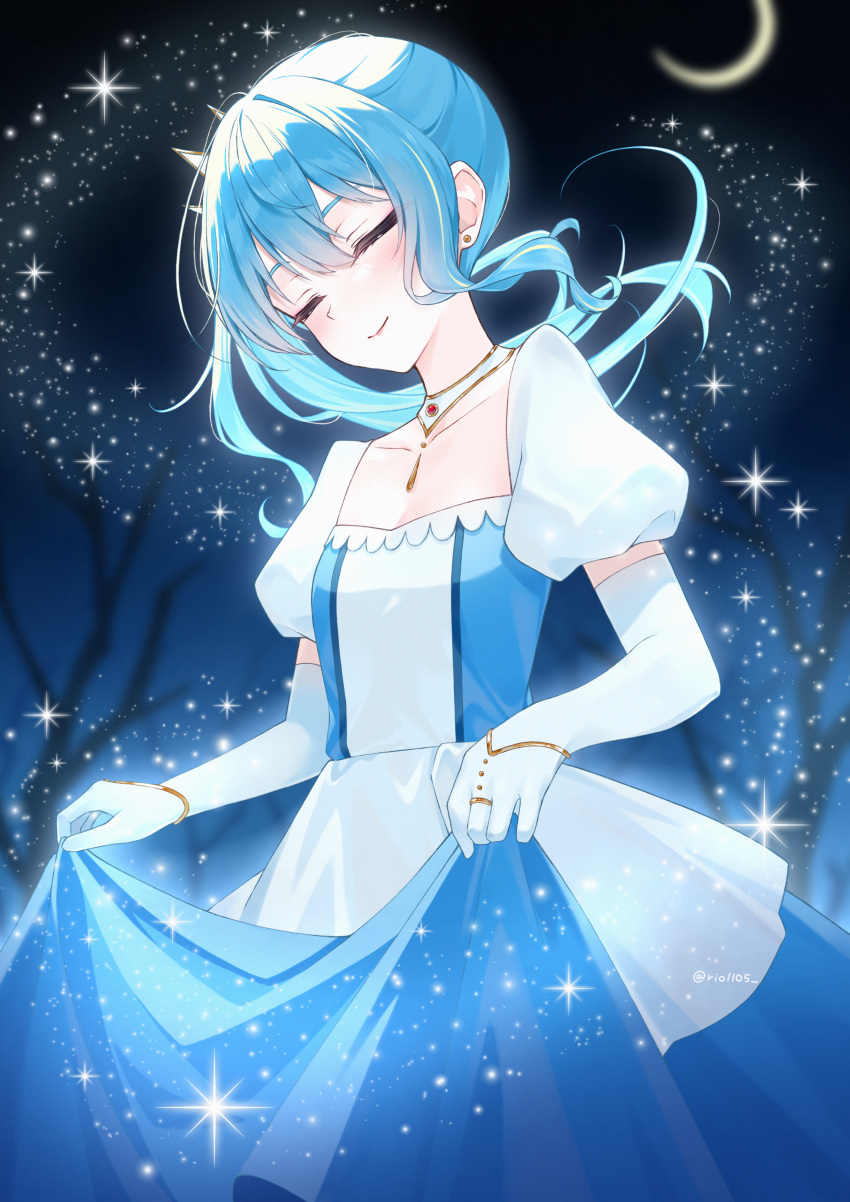 absurdres bibideba_(hololive) blue_dress cinderella closed_eyes crescent_moon curtsey dress earrings highres hololive hoshimachi_suisei jewelry magic moon necklace night rio1105 side_ponytail sidelocks smile sparkle star_(sky) stud_earrings tree virtual_youtuber white_dress