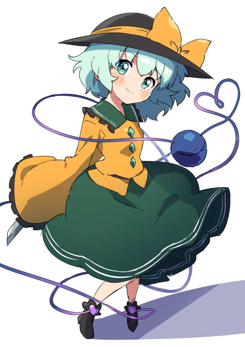 1girl absurdres black_hat bow closed_mouth frilled_shirt_collar frills full_body green_eyes green_hair green_skirt hat hat_bow heart heart_of_string highres holding holding_knife knife komeiji_koishi looking_at_viewer miz_(mizillustration) shirt short_hair simple_background skirt smile solo standing third_eye touhou white_background yellow_bow yellow_shirt