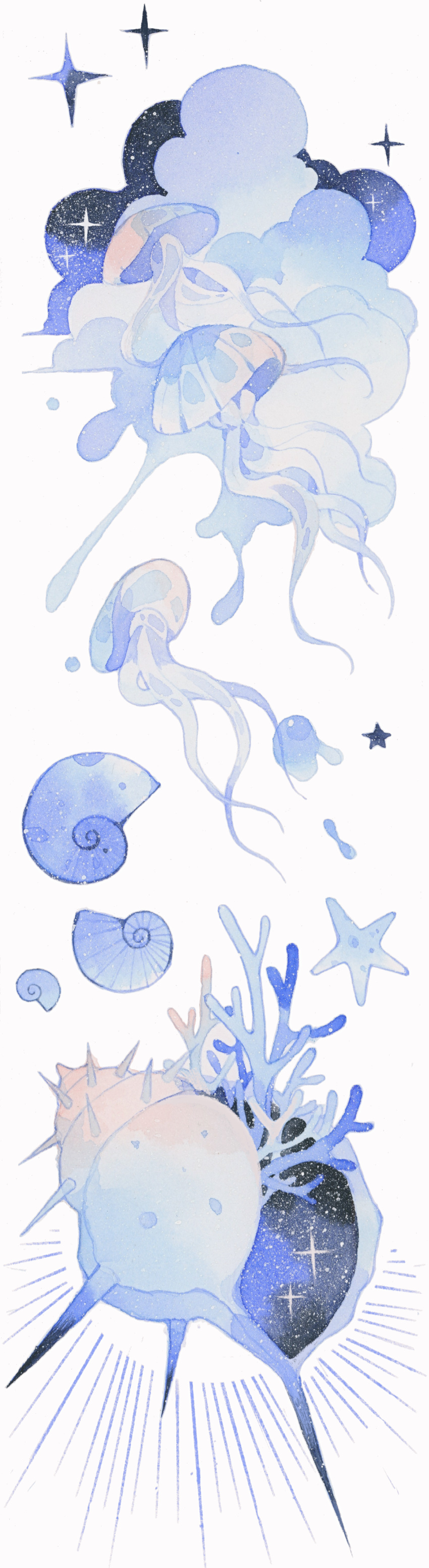 absurdres animal_focus blue_theme chinese_commentary clouds commentary_request conch coral highres jellyfish jiang_(tang_kaike_ban) no_humans object_focus original painting_(medium) seashell shell simple_background sparkle star_(symbol) starfish traditional_media watercolor_(medium) white_background