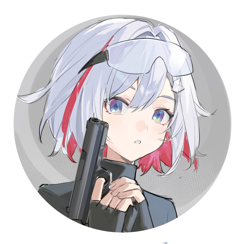 1girl black_suit blue_eyes blush colored_inner_hair diamond-shaped_pupils diamond_(shape) finger_on_trigger fingerless_gloves gloves goggles goggles_on_head gun hair_between_eyes hair_ornament highres holding holding_gun holding_weapon honkai:_star_rail honkai_(series) looking_at_viewer mecroty medium_hair multicolored_eyes multicolored_hair parted_lips portrait redhead simple_background suit symbol-shaped_pupils topaz_(honkai:_star_rail) weapon white_hair