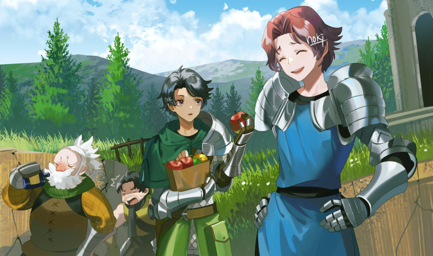 4boys adel_(unicorn_overlord) apple armor artist_name bag beard belt black_hair blue_sky bottle brown_bag character_request cloak closed_eyes clouds commentary_request facial_hair food fruit gauntlets green_cloak hands_on_own_hips holding holding_bag holding_bottle holding_food holding_fruit male_focus mountain multiple_boys noki_(affabile) old old_man outdoors paper_bag pauldrons rolf_(unicorn_overlord) scarf short_hair shoulder_armor single_pauldron sky tree unicorn_overlord white_hair