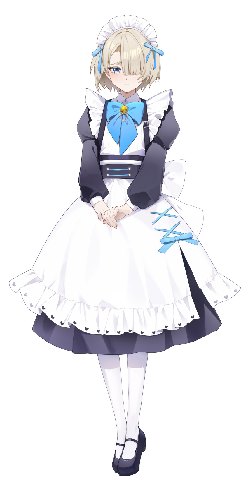 1boy absurdres alternate_costume apron black_dress black_footwear blonde_hair blue_eyes blush bow bowtie closed_mouth crossdressing dress enmaided freckles freminet_(genshin_impact) full_body genshin_impact hair_over_one_eye hair_ribbon highres jira_(0116) long_sleeves looking_at_viewer maid maid_headdress male_focus mary_janes otoko_no_ko own_hands_together pantyhose ribbon shoes simple_background solo underwear white_apron white_background white_pantyhose