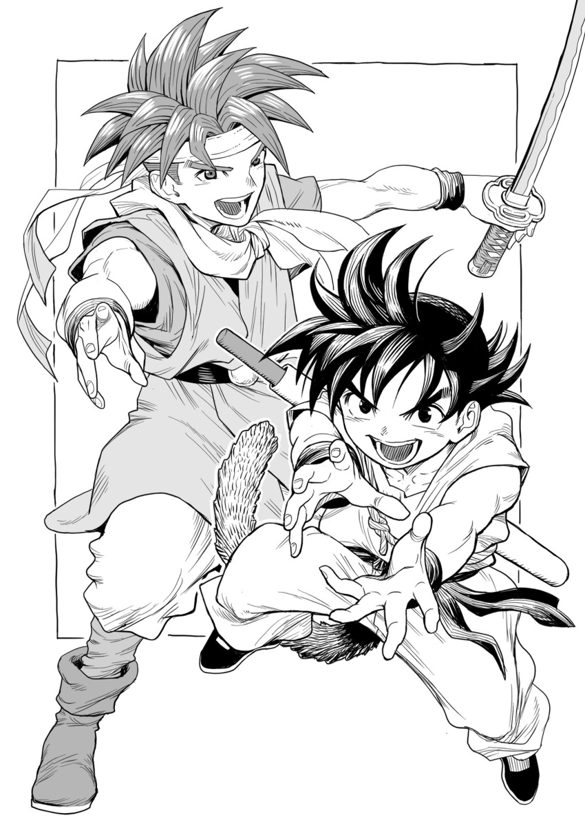 2boys black_eyes black_hair boots chrono_trigger crono_(chrono_trigger) dougi dragon_ball dragon_ball_(classic) greyscale headband highres holding holding_sword holding_weapon kimura_yuji looking_at_viewer male_focus monochrome multiple_boys open_mouth pants ruyi_jingu_bang scarf short_hair simple_background smile son_goku spiky_hair sword tail tunic weapon wristband