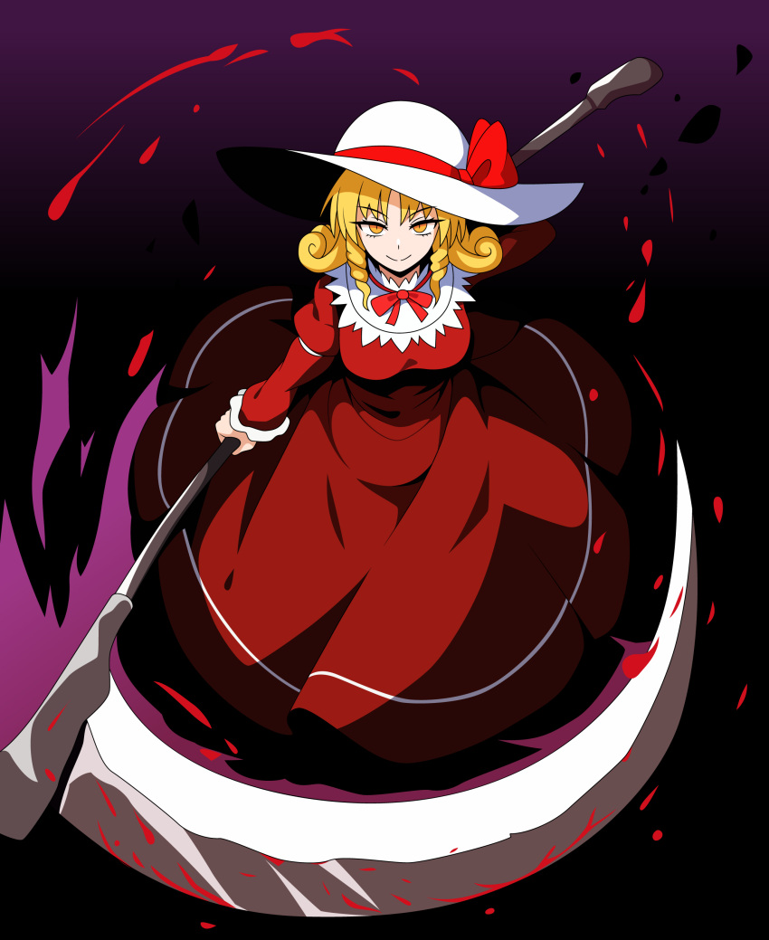 1girl absurdres aura black_background blonde_hair bow breasts collared_dress curly_hair dress drill_hair drill_sidelocks elly_(touhou) frilled_sleeves frills full_body gradient_background hat hat_bow highres holding holding_scythe juliet_sleeves long_sleeves medium_breasts neck_ribbon puffy_sleeves purple_background red_bow red_dress red_ribbon ribbon scythe sidelocks solo ssaf52913778 sun_hat touhou touhou_(pc-98) yellow_eyes