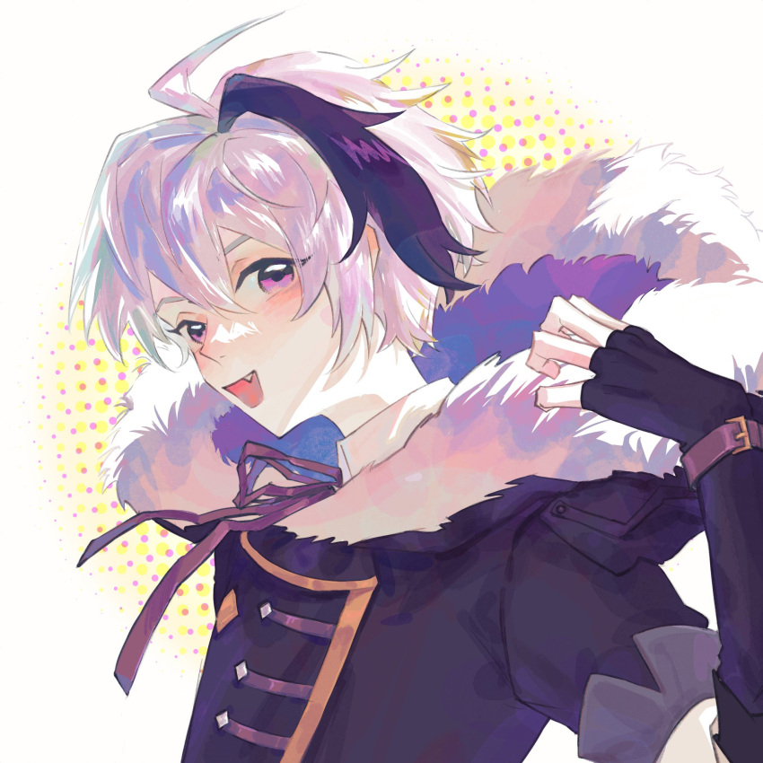 1girl ahoge androgynous black_hair blush coat dress_shirt elbow_gloves flat_chest flower_(vocaloid) flower_(vocaloid4) fur_trim gloves hand_up highres jacket multicolored_hair neck_ribbon purple_ribbon ribbon shirt short_hair simple_background smile tomboy two-tone_hair veither913zeg violet_eyes vocaloid watch watch white_hair winter_clothes winter_coat winter_uniform