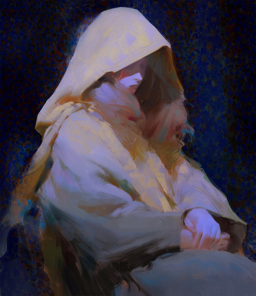1girl abstract_background black_background blue_background bound brown_hair cloak closed_mouth commentary english_commentary faux_traditional_media from_side highres hood hood_up hooded_cloak long_hair long_sleeves original own_hands_together profile shaded_face sitting solo upper_body yuming_li