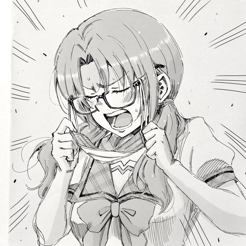1girl black-framed_eyewear blush breasts closed_eyes collared_shirt confused emphasis_lines eyelashes glasses greyscale hair_tie highres holding idolmaster idolmaster_million_live! idolmaster_million_live!_theater_days large_breasts long_hair low_twintails mask matcha_kingyo monochrome mouth_mask open_mouth parted_bangs school_uniform shirt short_sleeves sidelocks solo sweat takayama_sayoko teeth twintails upper_body v-shaped_eyebrows