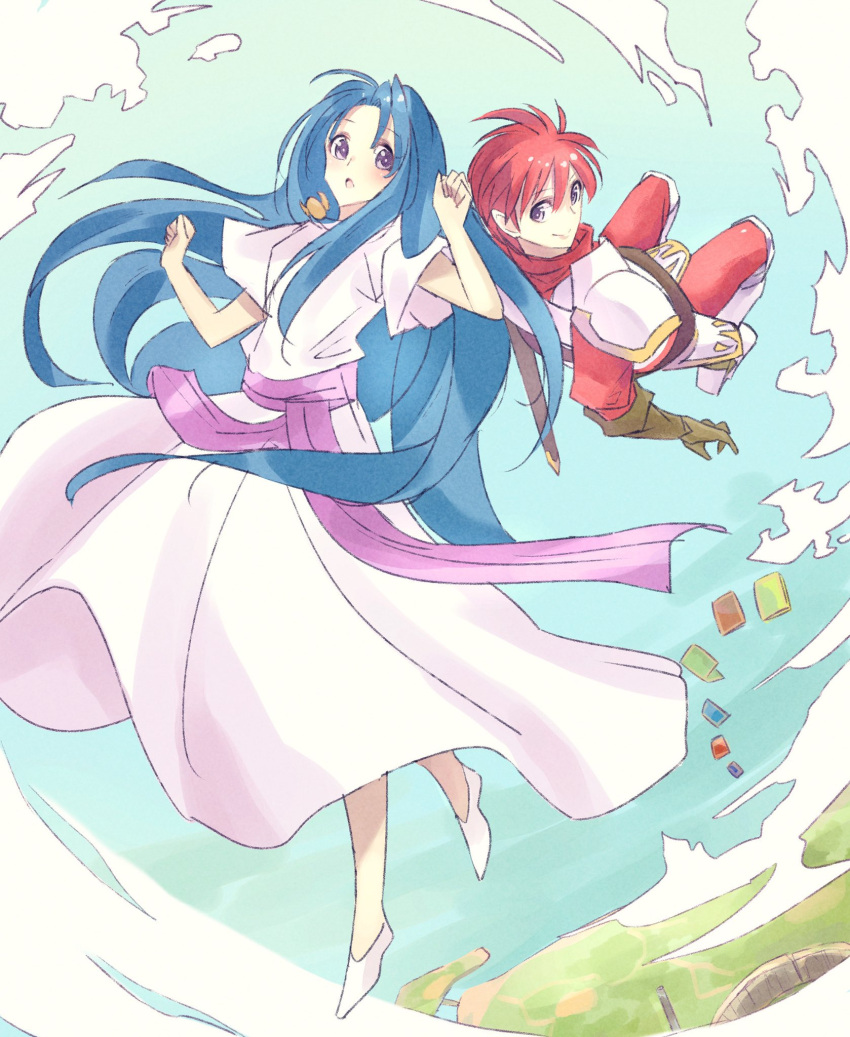 1boy 1girl :o adol_christin ancient_ys_vanished arms_up blue_hair blue_sky brown_gloves closed_mouth commentary_request curtained_hair dress feena_(ys) george_man gloves hair_between_eyes highres long_hair midair open_mouth outdoors redhead short_hair sky smile violet_eyes white_dress ys