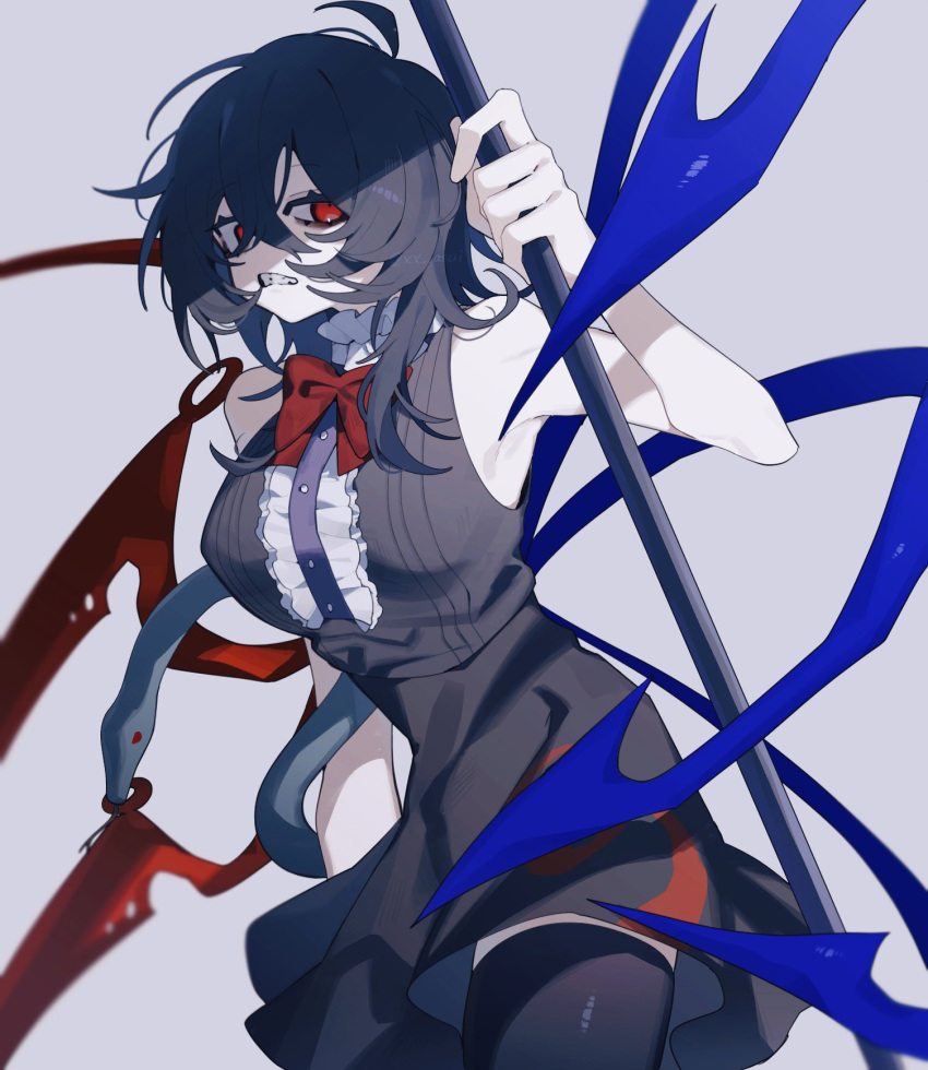 1girl asymmetrical_wings black_hair black_thighhighs blue_wings bow bowtie breasts center_frills commentary_request cowboy_shot dress frills grey_background highres houjuu_nue looking_at_viewer medium_hair messy_hair red_bow red_bowtie red_eyes red_wings simple_background sleeveless sleeveless_dress solo thigh-highs touhou wings xx_asui
