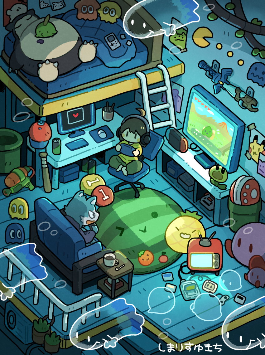 2boys absurdres artist_name bed carpet commentary couch game_boy game_console ghost gulpin handheld_game_console headphones highres holding holding_handheld_game_console indoors inkling isometric kirby ladder monitor multiple_boys nintendo_switch original pac-man pillow piranha_plant plant playing_games potted_plant shimarisu_yukichi sitting snorlax stuffed_toy suika_game super_nintendo swivel_chair table television water_gun wolf_boy